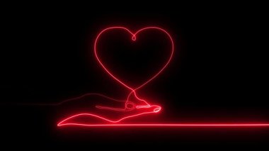 Parlayan neon bir çizgi bir el bitkisi kalp palmiyesi animasyonu, neon bir çizgi aşk çiziyor, çizgi siyah arka planda aşk animasyonu çiziyor.
