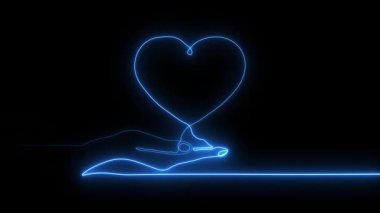 Parlayan neon bir çizgi bir el bitkisi kalp palmiyesi animasyonu, neon bir çizgi aşk çiziyor, çizgi siyah arka planda aşk animasyonu çiziyor.