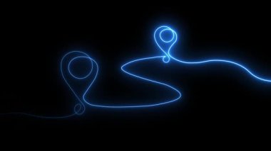 Parlak neon aralıksız bir çizgi çizimi yol ve konum işaretleri iki nokta arasında basit lobutlar, neon basit lobutlar doğrudan, sürekli GPS navigasyon ve seyahat konsepti