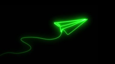 Neon Hattı sürekli kağıt uçak animasyonu konsepti, Neon kağıt uçak animasyonu, Neon tek çizgi çizimi gökyüzü animasyonu üzerinde uçan kağıt uçak çizimi