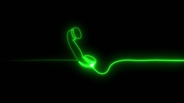 Bir satır izole telefon alıcısı animasyonu, bir satır aralıksız çizimde neon telefon alıcısı, siyah arkaplanda bir satır telefon alıcısı çizimi