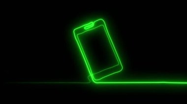 Parlak neon hattı telefon hattı arka planı, akıllı telefon animasyon konseptinin sürekli çizimi, neon çizgili telefon çizimi