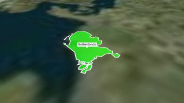 Hollanda 'da altı çizili sınır rengi haritası, Hollanda, Hollanda' nın 3d Canlandırılmış haritası üst uzay görünümünden yakınlaşan haritalar, Hollanda 'ya yakınlaşan Dünya Haritası