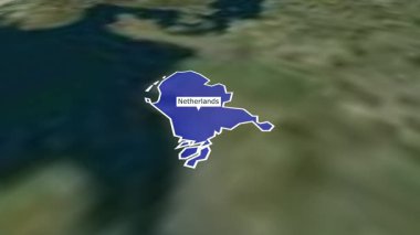 Hollanda 'da altı çizili sınır rengi haritası, Hollanda, Hollanda' nın 3d Canlandırılmış haritası üst uzay görünümünden yakınlaşan haritalar, Hollanda 'ya yakınlaşan Dünya Haritası