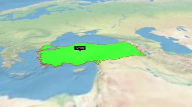 Türkiye, altı çizili sınır rengi, Türkiye 'nin 3d animasyon haritası, Türkiye, üst uzay görüşü, Dünya Haritası Türkiye' ye Yakınlaşma haritası