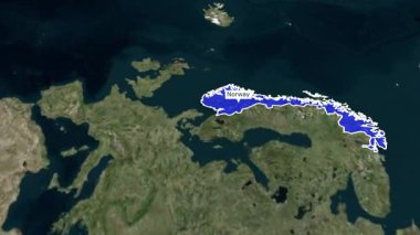 Vurgulanmış renkle Norveç haritası, 3d Norveç haritası, Norveç haritası, üst uzay görünümünden yakınlaşan Norveç haritaları, Norveç 'e yakınlaşan Dünya Haritası