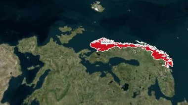 Vurgulanmış renkle Norveç haritası, 3d Norveç haritası, Norveç haritası, üst uzay görünümünden yakınlaşan Norveç haritaları, Norveç 'e yakınlaşan Dünya Haritası