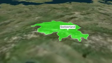 İsviçre 'de renklendirilmiş harita animasyonu, İsviçre' nin 3d haritası, İsviçre 'de üst uzay manzarasından yakınlaşan haritalar, İsviçre' ye yakınlaşan Dünya Haritası