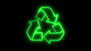 Parlayan neon çizgi geri dönüşüm sembolü siyah arkaplan üzerinde neon etkisi, Parlayan neon çizgi geri dönüşüm sembolü simgesi izole edilmiş, dairesel ok simgesi, çevresel geri dönüşümlü simge konsepti