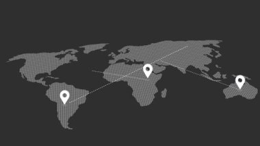 Küresel haritalarda birbirine bağlı konum iğnelerini gösteren animasyon haritası, çizgi ve coğrafi bilgi teknolojisi ile küresel ağ bağlantısını sembolize eden, coğrafi konumlandırma haritalarının animasyon konsepti