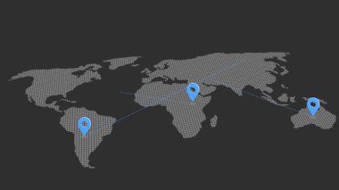Küresel haritalarda birbirine bağlı konum iğnelerini gösteren animasyon haritası, çizgi ve coğrafi bilgi teknolojisi ile küresel ağ bağlantısını sembolize eden, coğrafi konumlandırma haritalarının animasyon konsepti