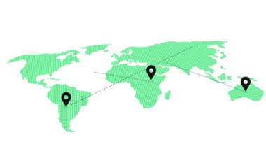 Küresel haritalarda birbirine bağlı konum iğnelerini gösteren animasyon haritası, çizgi ve coğrafi bilgi teknolojisi ile küresel ağ bağlantısını sembolize eden, coğrafi konumlandırma haritalarının animasyon konsepti