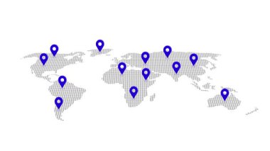 Küresel haritalarda birbirine bağlı konum iğnelerini gösteren animasyon haritası, çizgi ve coğrafi bilgi teknolojisi ile küresel ağ bağlantısını sembolize eden, coğrafi konumlandırma haritalarının animasyon konsepti