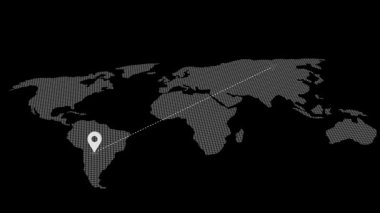 Küresel haritalarda uçak hattı animasyonu, uçak konumu haritasında seyahat, bir yerden başka bir konuma uçak yolculuğu, dünya haritalarında uçak yolculuğu kavramı.