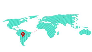 Küresel haritalarda uçak hattı animasyonu, uçak konumu haritasında seyahat, bir yerden başka bir konuma uçak yolculuğu, dünya haritalarında uçak yolculuğu kavramı.