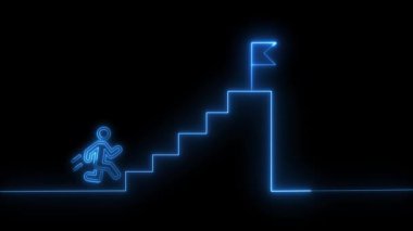 Kupa sahibi simge animasyonu ve siyah arka planda neon ışığı. Zafer animasyonu. hedef başarılı başarı simgesi. yalıtılmış dağ konseptini fethetmek 