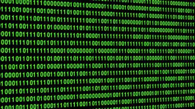 Program Kodu siyah arkaplan ile 0 veya 1 Ekran değiştiren video ikili kod numaraları. Dijital Sayıların Rastgele Animasyonu, İkili Veri. Teknoloji kavramı. Kod Programı. Güvenlik İletişimi