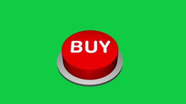 Beyaz ve yeşil arka planda 3D Buy yuvarlak tuş animasyonuna basılıyor. Yuvarlak düğmeli 