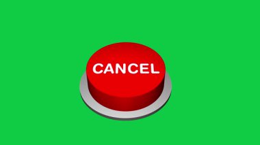 Beyaz ve yeşil arkaplandaki 3d 'ye basarak yuvarlak tuş animasyonunu iptal et. İptal yazan yuvarlak düğme. İptal düğmesi animasyonuna bas. 3d Büyük İptal düğmesi