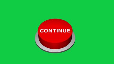Beyaz ve yeşil arka planda 3d CONTINUE yuvarlak tuş animasyonuna basılıyor. Yuvarlak düğme, üzerinde 