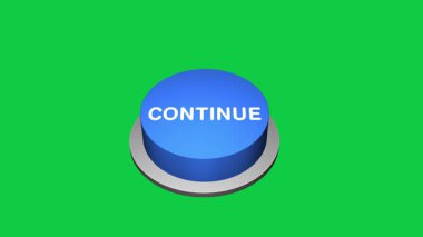 Beyaz ve yeşil arka planda 3d CONTINUE yuvarlak tuş animasyonuna basılıyor. Yuvarlak düğme, üzerinde 