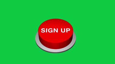 Beyaz ve yeşil arkaplandaki 3D Kayıt Yuvarlak Düğmesine basın. Yuvarlak düğmeli imza günü. İmza Kaldır Animasyonu 'na bas. 3d Büyük Baskı İşareti Yukarı Tuşu
