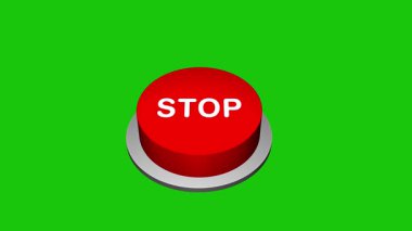 Beyaz ve yeşil arkaplandaki 3D Dur düğmesine basıyorum. Dur yazan yuvarlak düğme. Stop Button Animasyon 'a bas. 3d Büyük Durdurma düğmesi
