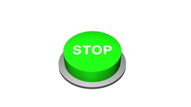 Beyaz ve yeşil arkaplandaki 3D Dur düğmesine basıyorum. Dur yazan yuvarlak düğme. Stop Button Animasyon 'a bas. 3d Büyük Durdurma düğmesi