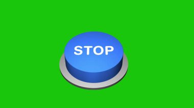 Beyaz ve yeşil arkaplandaki 3D Dur düğmesine basıyorum. Dur yazan yuvarlak düğme. Stop Button Animasyon 'a bas. 3d Büyük Durdurma düğmesi