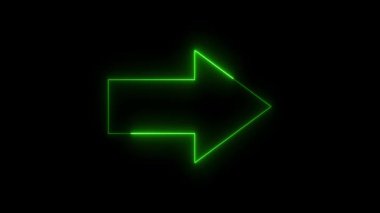 Neon ışıklı ok işareti siyah arkaplanı gösteriyor. Sağdaki neon ok, ok simgesini işaret ediyor. Parlak işaret animasyonu. Parlak yönlü sağ ok neon işareti