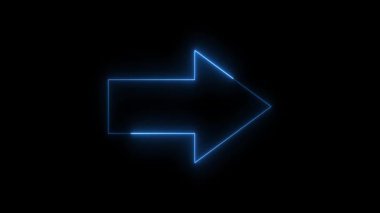 Neon ışıklı ok işareti siyah arkaplanı gösteriyor. Sağdaki neon ok, ok simgesini işaret ediyor. Parlak işaret animasyonu. Parlak yönlü sağ ok neon işareti