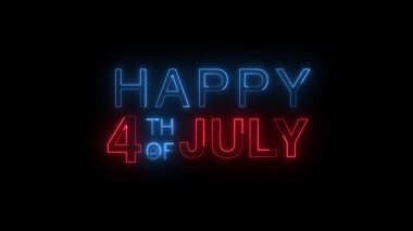 Mutlu 4 Temmuz Neon Grafikleri. Neon metin Mutlu 4 Temmuz animasyonları. Siyah zemin üzerinde 4 Temmuz Bağımsızlık Günü dileyen neon parlayan metin