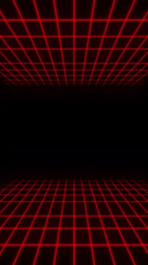 Retro Futuristic Universe space tunnel vertical animation. Neon-lit tunnel with floating geometric shapes. Vaporwave grid and neon squares, galactic clouds in space