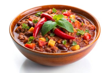 Beyaz arka planda chili con carne. Üretici Yapay Zeka ile oluşturuldu