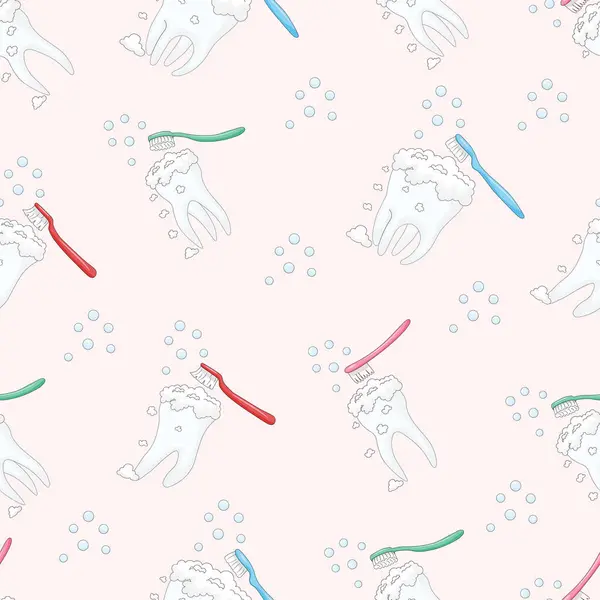 Çizgi filmlerdeki kusursuz şirin bebek azı dişleri, renkli diş aşınmaları ve pembe arka planda diş köpüğü. El çizimi. vektör.