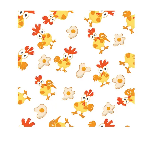 Renkli tavuklar ve beyaz arka planda sahanda yumurta ve pürüzsüz desenli horozlar.