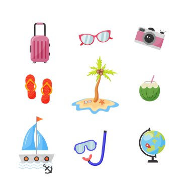 Yaz seyahati çıkartmaları hazır. Yaz tatili. Plajda tropik tatil, Vektör illüstrasyonu.