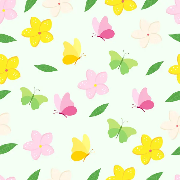 Tropikal sarı, pembe çiçekler, kelebekler ve yeşil yaprakların yaz deseni. Vektör illüstrasyonu.