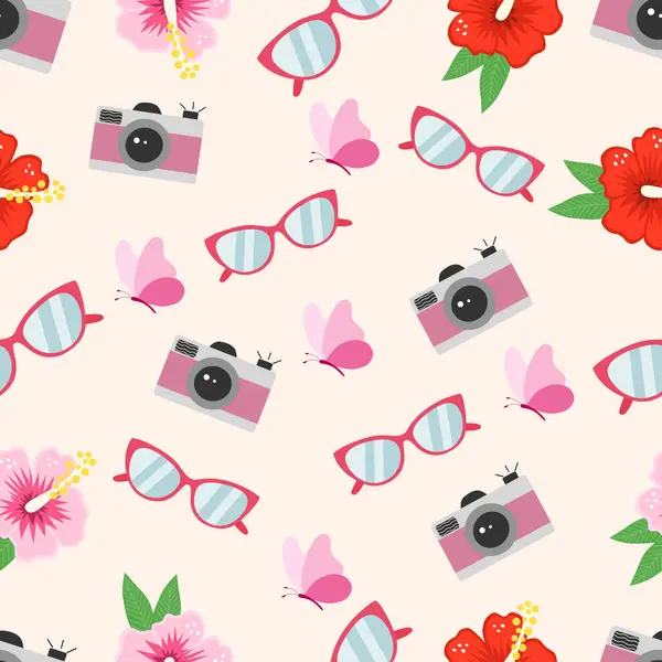 Tropik kırmızı çiçeklerin yaz deseni, pembe kelebekler, pembe kamera. Vektör illüstrasyonu.