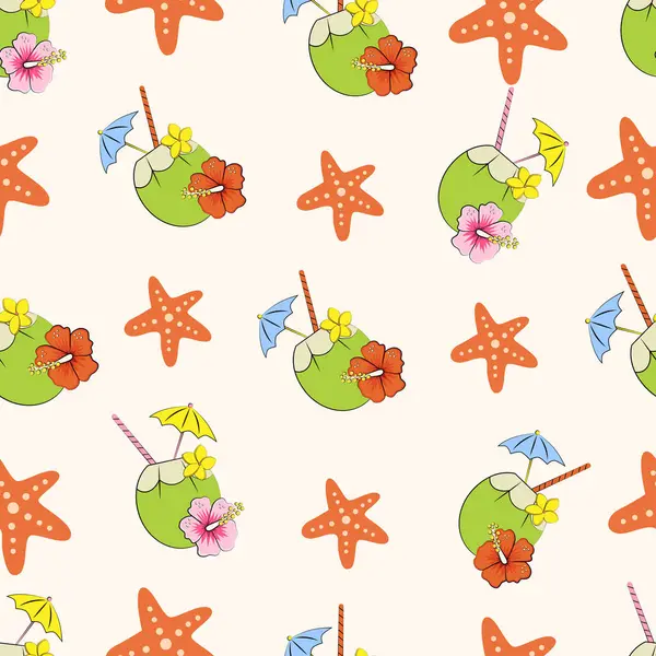 Hindistancevizi, saman, şemsiye, egzotik pembe çiçek ve deniz yıldızı ile renksiz desenler.