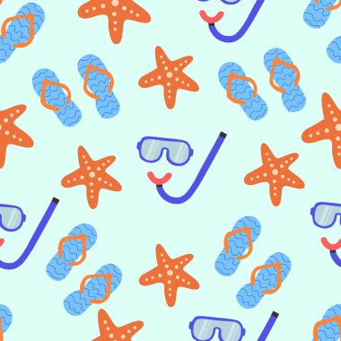 Su altı maskeli ve deniz yıldızlı yaz renkli deniz deseni