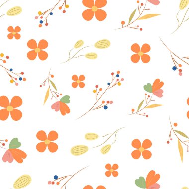 Şirin turuncu çiçekleri ve renkli dalları olan pürüzsüz bir desen.