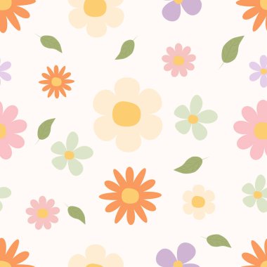 Şirin bahar çiçekleri ve yeşil yapraklarla kusursuz desen.