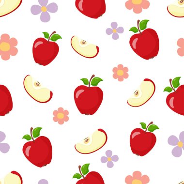 Yeşil yapraklı kırmızı elma deseni. Tam meyve ve dilimler, mor çiçekli, el çizimi vektör çizimleri