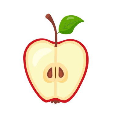 Kırmızı tatlı ve lezzetli elmanın yarısı. Doğal meyveler, elle çizilmiş.