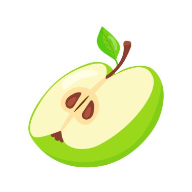 Yeşil elma diliminin yarısı. Doğal meyveler, elle çizilmiş.