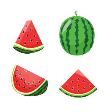 Bir çift karpuz. Tam karpuzlar, yarım karpuz ve kombinasyonları, beyaz arkaplanda izole edilmiş vektör çizimleri.