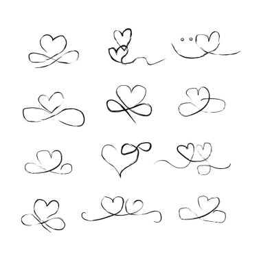 Çeşitli kara kalp çizimleri koleksiyonu, el yapımı kalpler. Vektör sembolleri kümesi