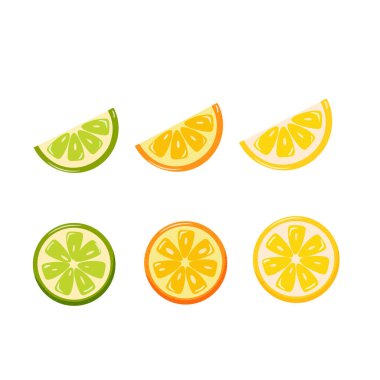 Citrus meyve vektörü. Limon, portakal, limon dilimleri, beyaz arkaplanda.