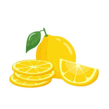 Dilimlenmiş sarı limon seti ve beyaz arka planda izole edilmiş yuvarlak parçalar. Tropik meyve tatlılık mevsimi. Gerçekçi vektör illüstrasyonu